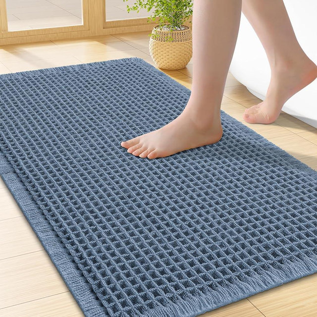 Smiry Waffle Bath Mat 24x17, Extra Soft Absorbent Bathroom Rugs, Non Slip Machine Washable Quick Dry Bath Rugs for Bathroom Floor, Tub, Shower, Home Decor Accessories, Blue