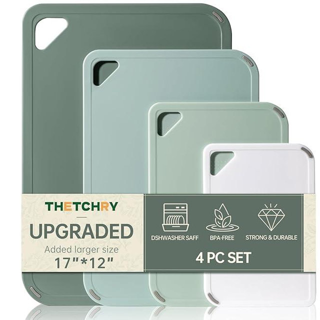 THETCHRY Plastic Cutting Board Set of 4, Extra Large Cutting Board for Kitchen with Non-Slip, Large -Small Chopping Board for Cooking, Bpa Free, with Grip Handle,Green