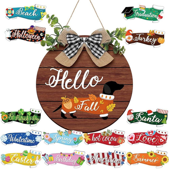 Glenmal 16 Pcs Seasonal Interchangeable Dachshund Door Decor Cute Replaceable Easter Welcome Sign Seasonal Farmhouse Front Door Signs Wood Home Sign(Dark Wood Grain)
