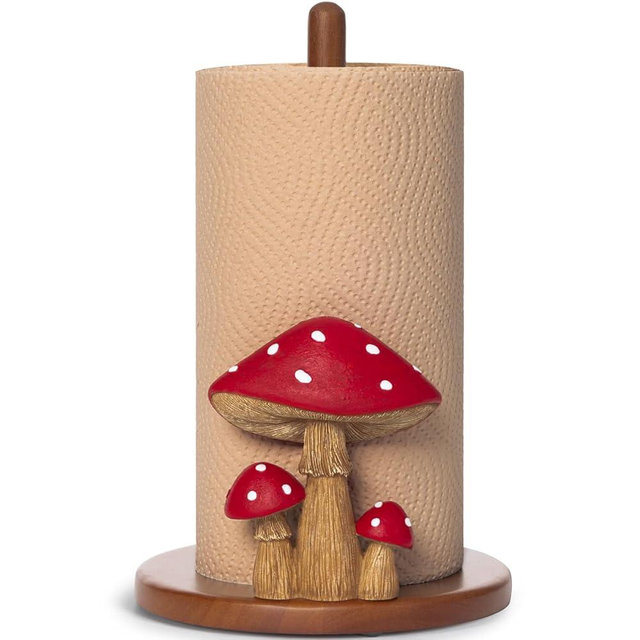Mushroom Paper Towel Holder - Cottagecore Decor Mushroom Kitchen Home Cottagecore Accessories Cute Stuff, Unique Wood Paper Towel Holder Stand Kitchen Countertop 12.5×7 in