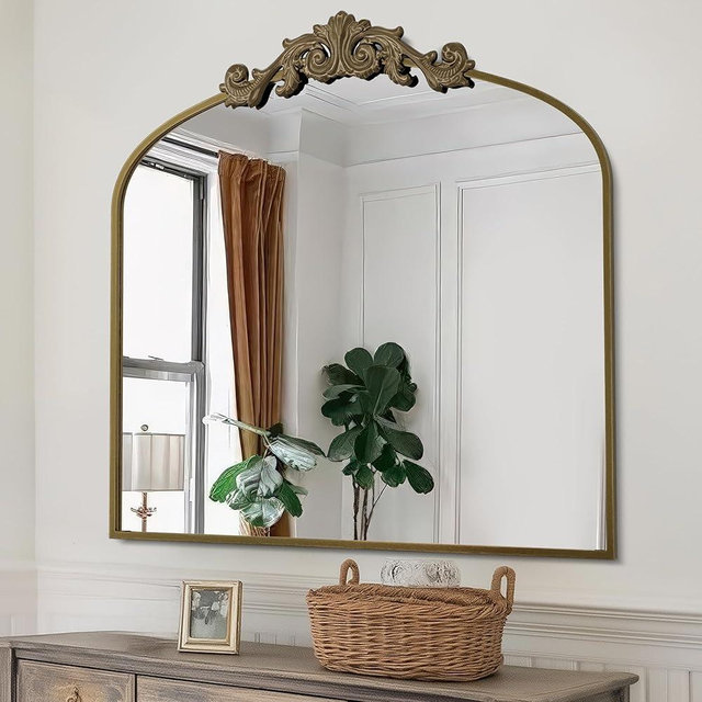 Arched Wall Mirror, Vintage Carved Bathroom Mirror 30" x 36" Bronze Antique Metal Frame Wall Mirror for Bedroom, Living Room, Entryway, Fireplace, Hallway