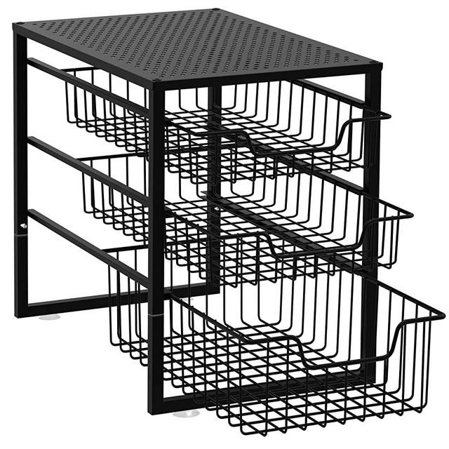 Simple Trending 3-Tier Under Sink Organizer with Sliding Storage Drawer, Cabinet Organizer for Kitchen Bathroom Office, Stackable, Black