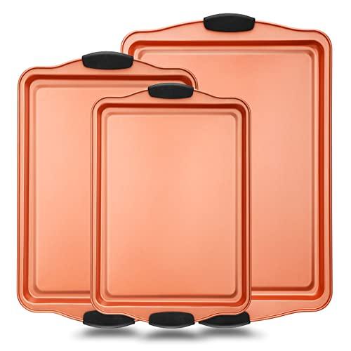 3 Piece Baking Pan Set - PFOA, PFOS, PTFE Free Flexible Nonstick Carbon Steel Bakeware Set - Home Kitchen Bake Pan Cookie Sheet Stackable Baking Tray Set w/ Red Silicone Handles - NutriChef NCSBS3S45