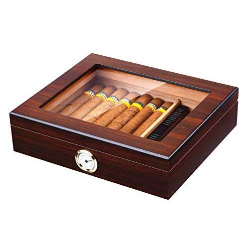 Handmade Cigar Humidor, Cedar Cigar Desktop Box with Humidifier and Hygrometer, Glass Top for 25 Cigars (20-25 Cigars)