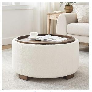 30 Inch Round Storage Ottoman Coffee Table (Beige)