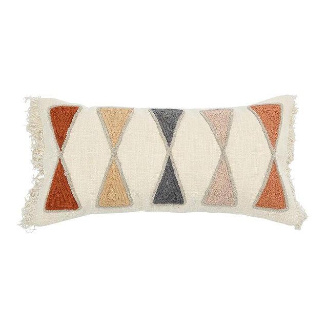 Bloomingville Embroidered Cotton Lumbar Pillow with Fringe, Terracotta Multicolor