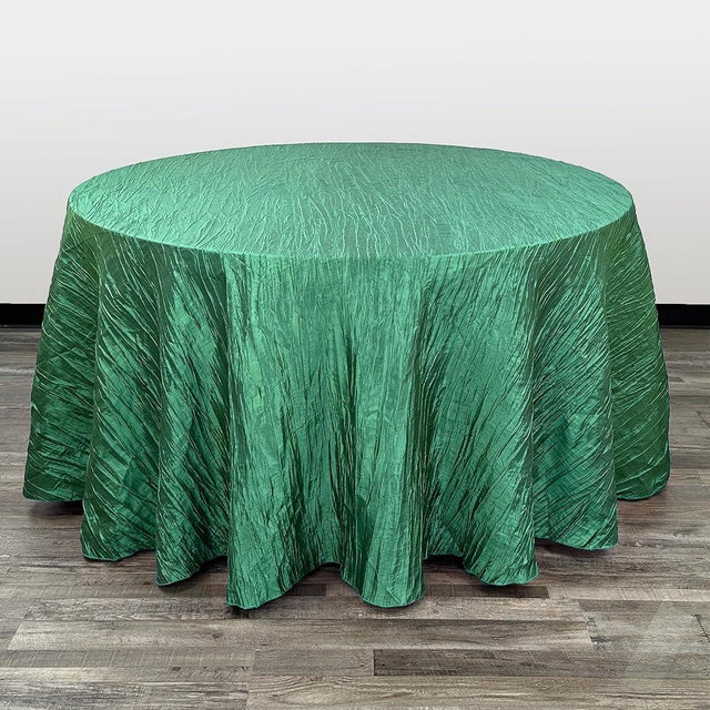 Your Chair Covers - 120 Inch Round Crinkle Taffeta Tablecloth - Hunter Green, Crushed Shiny Dining Table Cloth for Wedding Party Birthday Baby Bridal Shower