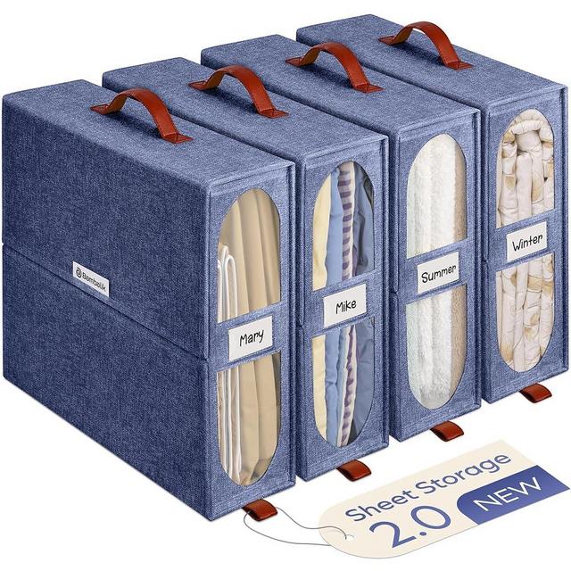 BAMBALIK 4x Bed Sheet Organizer Storage Boxes with Big See-Through Windows - Bedsheet Organizers Redesigned. Robust Bed Sheet Storage -15x13x5 Inches Sheet Organizers Containers (Denim)