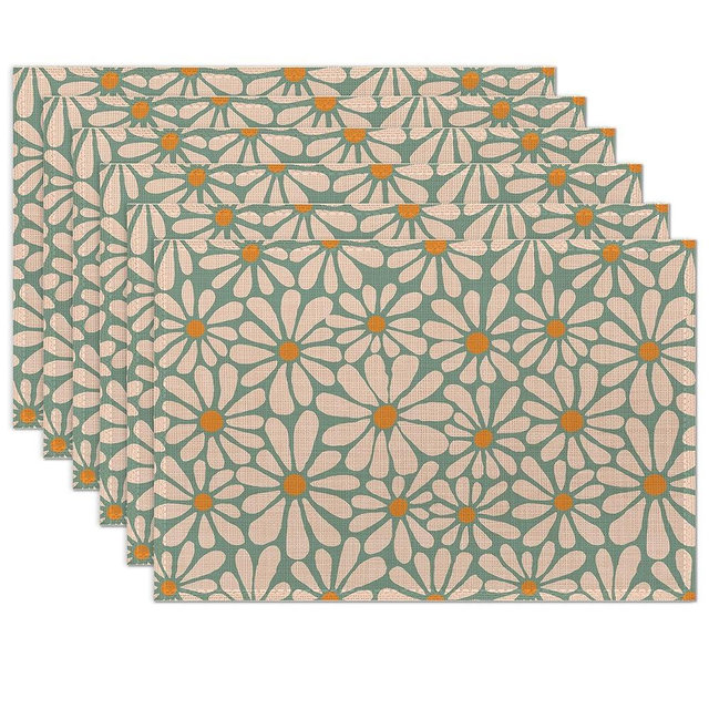 Abstract Daisy Flower Retro Groovy Flowers Placemats Set of 6 Washable Table Mats for Kitchen Dining Table,Heat-Resistant Place Mats for Indoor Outdoor Party Holiday Decoration