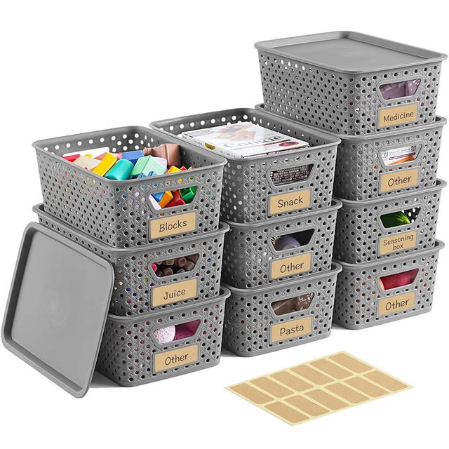 10 Pack Small Plastic Storage Bins with Lids, Stackable Plastic Storage Baskets for Organizing with Handles, Organizer Bins with Labels for Room,Craft,Containers for Pantry Organizers and Storage,Grey