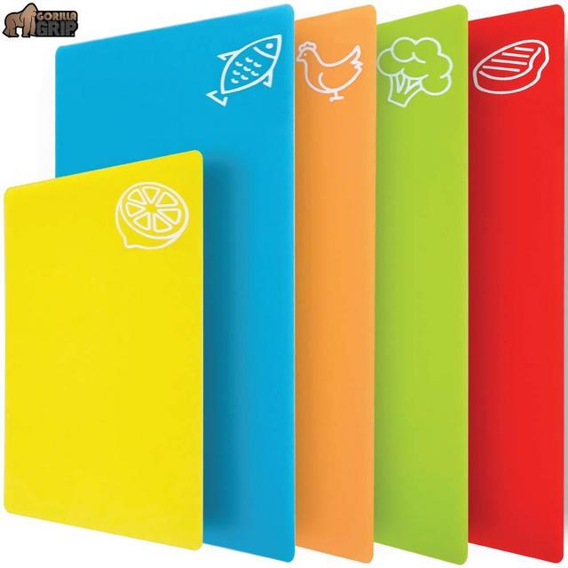 Gorilla Grip Original Set of 5 Flexible Plastic Cutting Boards, 4 Large Plus Bonus Small Board, BPA Free, Gripped Backing, Dishwasher Safe, Non Porous, Durable Chopping Mats, Food Icons, Multi Color