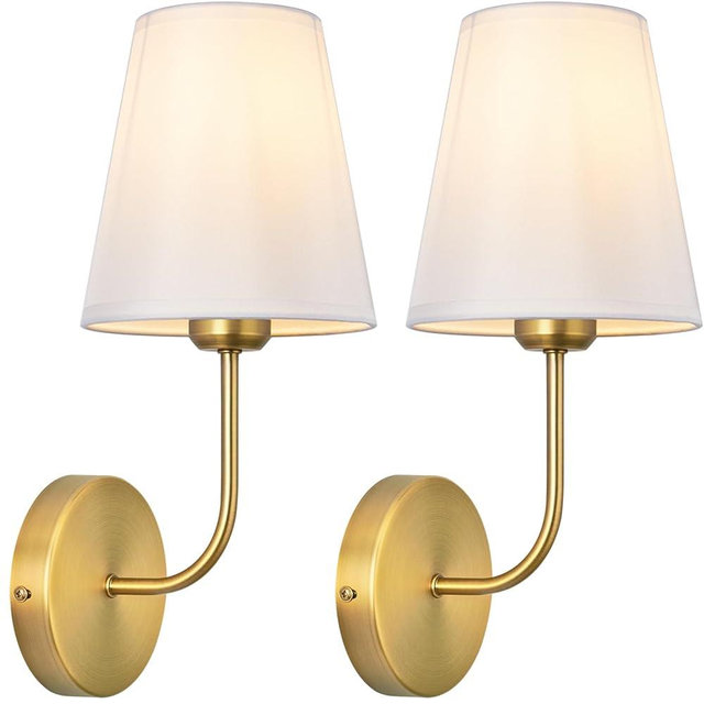 LEECOORA Modern Hardwired Wall Sconce Set of 2, Industrial Antique Brass with White Fabric Lampshades, Perfect for Bedroom, Living Room, Farmhouse, Fireplace, Hallway, and Bedside Lighting, Gold Lamp
