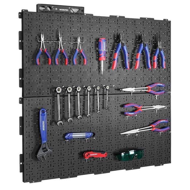 WORKPRO Metal Pegboard 16”x 32” Steel Panel with Round Holes & Vertical Slots, Black Heavy Duty Garage Peg Board Wall Pegboard Organizer for Wood Working Work Shop, Craft Room, 2 Pack