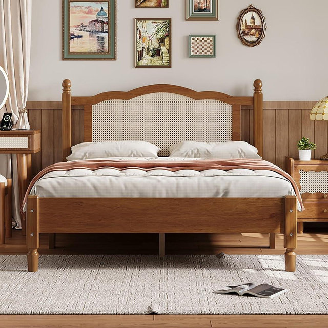 GYYBED Full Size Wooden Platform Bed with Natural Rattan Headboard, Vintage Bed Frame with Wooden Slat Support,Full Size Wooden Vintage Platform Bed Frame (Full+Wooden Platform Bed+Walnut)