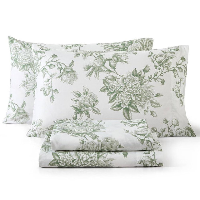HLC.ME Rose Toile Floral Bed Sheets - 4 Piece Bed Sheet Set - Wrinkle Resistant & Ultra Soft - Fits Mattresses up to 15 Inches Deep (King, Sage Green)