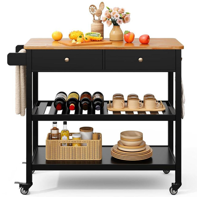 Gizoon Kitchen Island Utility Cart with 3 Tiers Spacious Storage Shelves and Towel Bar, 2-Drawer Mobile Trolley Cart with 40’’ Width Wooden Top On Mental Wheels,Hooks,for Kitchen,Black