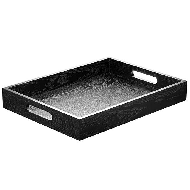 Wood Serving Tray with Handles, Home Decorative Wooden Rectangle Ottoman Decor Platter Vanity Tray for Breakfast Dinner Drinks Kitchen Dining Living Bathroom Restaurants Black