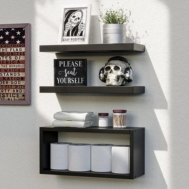 RICHER HOUSE Black Floating Shelves Set of 3, Rustic Bathroom Shelves Wall Mounted with Invisible Brackets Over Toilet, Black Wall Shelves for Bathroom Organizer Bedroom, Living Room, Kitchen - Black