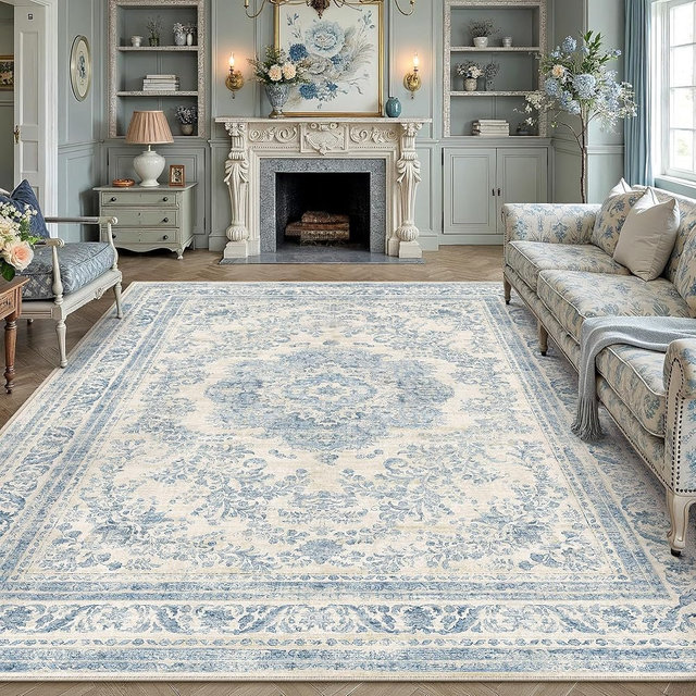 HUGEAR 8x10 Blue Area Rug Machine Washable Rug Room Decor Vintage Distressed Living Room Rugs Non Slip Mats Low Pile Soft Carpet for Bedroom Dining Room Office Soft Lightweight