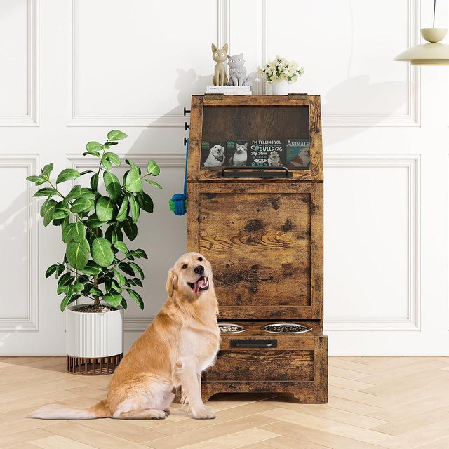 STMHOM Dog Feeding Station with 2 Elevated Dog Bowls, Pet Feeding Station,Flip Top Dog Food Storage Cabinet,Dog Food Storage Container,Pet Toy Storage Organizer,Modern Dog Storage Organizer,Brown