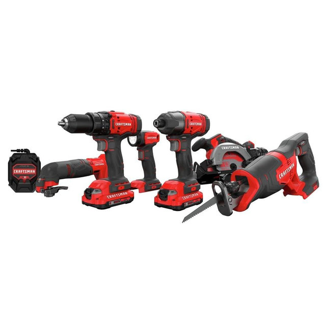 CRAFTSMAN CMCK601D2R V20 Lithium-Ion Cordless 6-Tool Combo Kit with 2 Batteries (2 Ah) (Renewed)