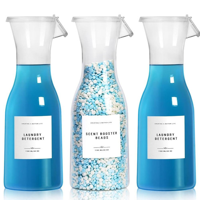 GIXSEGIE Laundry Detergent Dispenser Bottle 40oz with Waterproof Label for Laundry Detergent Soap Fabric Softener Bleach Scent Booster Beads, Sturdy PET Bottle for Laundry Room Decor 3 Pack