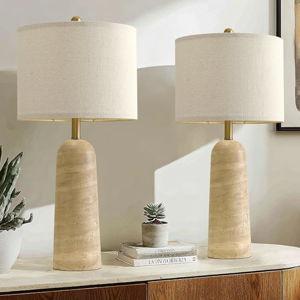 BOBOMOMO Modern Table Lamp Set of 2, Warm Beige Resin Lamp with Natural Stone Look, 27.25" Lamps for Living Room with Linen Shades, Bedside Lamp for Bedroom, Living Room, Nightstand, Entryway