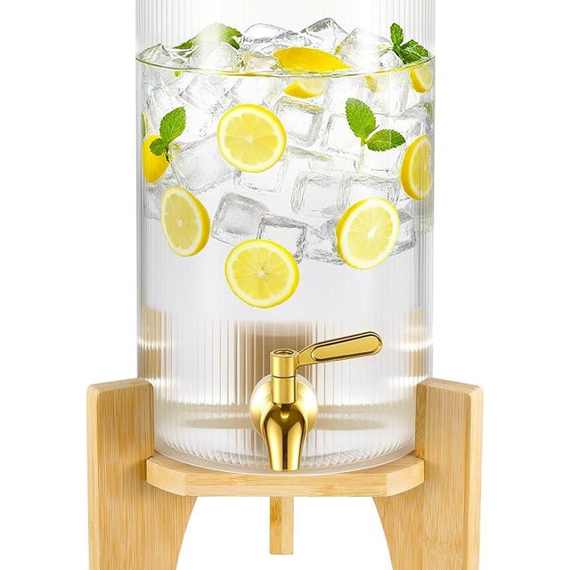 NiHome 1.3 Gallon Drink Dispenser for Parties, 4.9 L Glass Iced Beverage Dispenser, Large Glass Party Drink Dispensers for Lemonade, Tea & Juice, Bamboo Lid, Wood Stand & Stainless Steel Spigot (1PC)