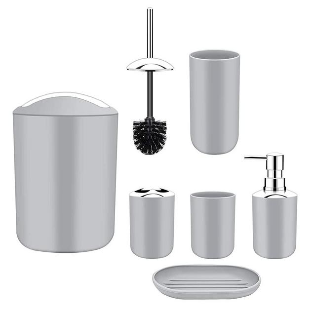 Papillon Bathroom Accessories Set-6 Piece Plastic Gift Set Toothbrush Holder,Toothbrush Cup,Soap Dispenser,Soap Dish,Toilet Brush Holder,Trash Can,Tumbler Straw Set Bathroom (Gray)