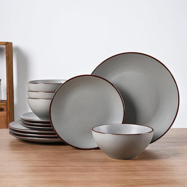 Famiware Venus Plates and Bowls Sets, 12 Pieces Stoneware Dinnerware Sets, Dishes Set for 4, Microwave and Dishwasher Safe, Dark Grey