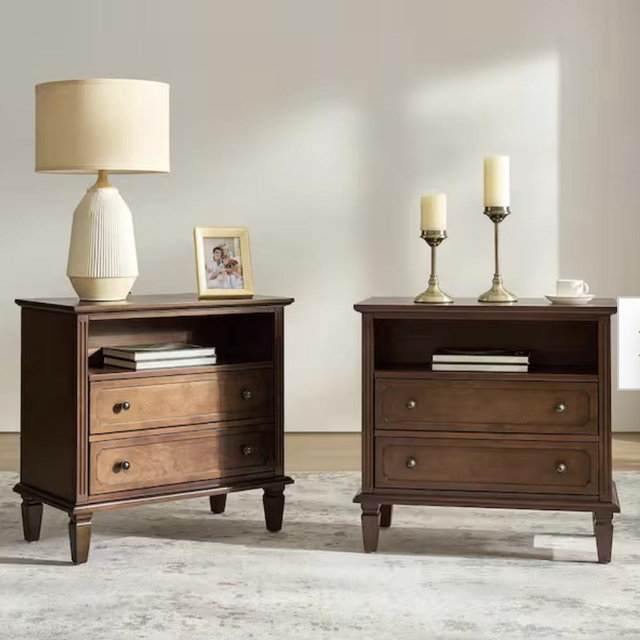 Juiien Mid-Century Solid Wood 2 - Drawer Storage Nightstand with USB Port Set of 2-Walnut