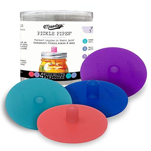 Masontops Pickle Pipes - Waterless Airlock Fermentation Lids - Wide Mouth Mason Jar Fermenter Cap - Premium Silicone Top