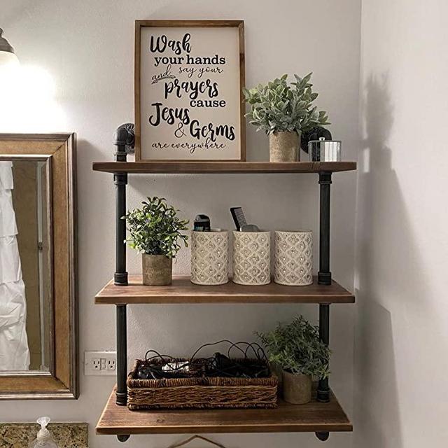 FODUE Industrial Pipe Shelving Bookshelf Rustic Modern Wood Ladder Storage Shelf 3 Tiers Retro Wall Mount Pipe Design DIY Shelving
