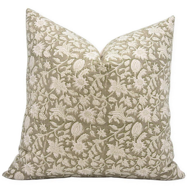 Fabritual Handmade Block Print Dack Canvas 26X26 Throw Vintage Pillowcase Cushion Cover with Zipper for Sofa, Couch and Bed, Outdoor, Spring, Fall Decoration, Boho Home Décor, Manikarnika, Green