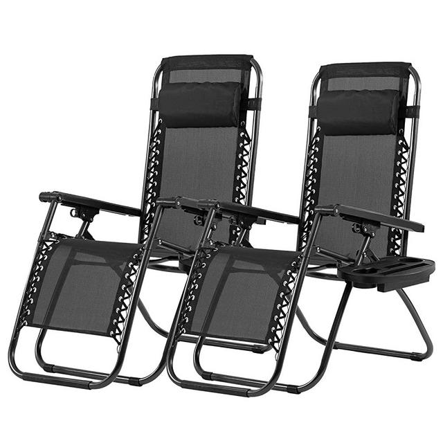 Lounge Chair Set of 2 Adjustable Zero Gravity Chair Beach Chair Folding Lawn Patio Chair with Removable Pillow and Cup Holder for Poolside Backyard Lawn Beach,Black