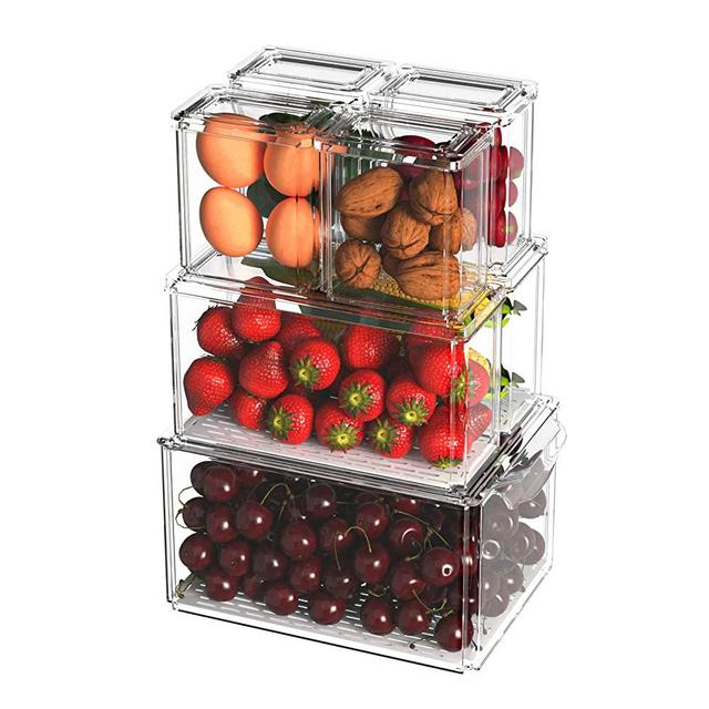 Fridge Food Storage Containers Vegetable Fruit Fresh Keeper Storage Containers Freezer Organizer Stackable Clear Kitchen Food Storage Bins for Kitchen Refrigerator Pantry Cabinets,Set of 7