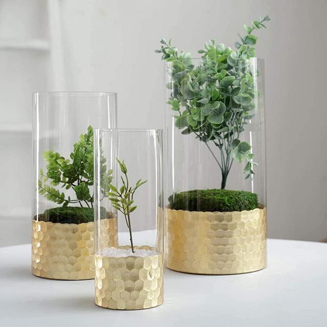 Efavormart Set of 3 Glass Cylinder Vases with Gold Honeycomb Base Glass Candle Holders - 8" | 10" | 12"