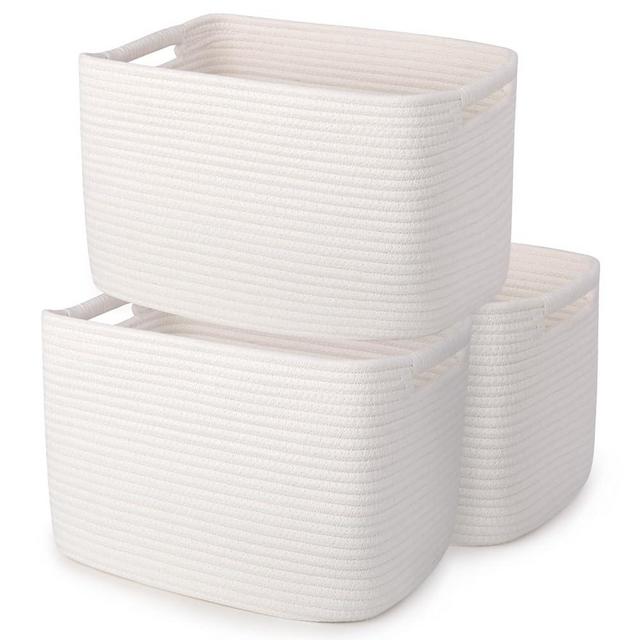 MicroIdeas Woven Organizing Baskets, Pastel Toy Storage Bin, decoration Cotton Rope Basket for Nursery, Closet，Book Shelf，Soft Storage Organizer for Towel, Pantry, Decor - Pack of 3，White