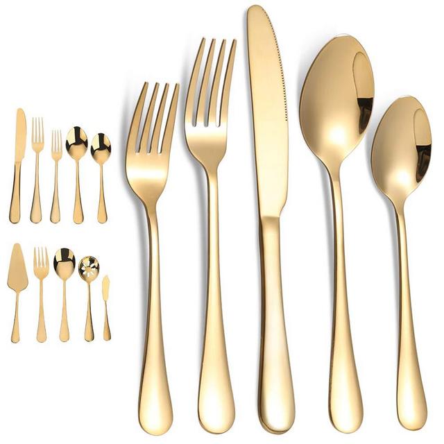 CIYOUTTO Stainless Steel Flatware Silverware Set,45-Piece, Service for 8，Includes Dinner Knives//Forks/Spoons/Teaspoons/Salad Forks/Serving Fork/Serving Spoon/Pie server, Mirror Polished (Gold)
