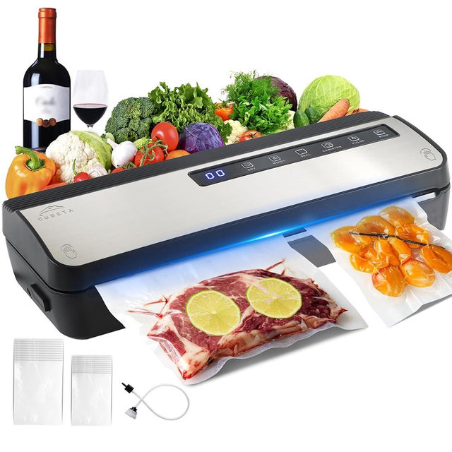CUBETA Vacuum Sealer Machine for Food, 80KPA Powerful 8-in-1 Automatic Vacuum Food Sealer with Dry & Moist Modes, Bag Storage, Cutter, Digital Countdown, 20 Pre-Cut Bags & External Air Suction Hose