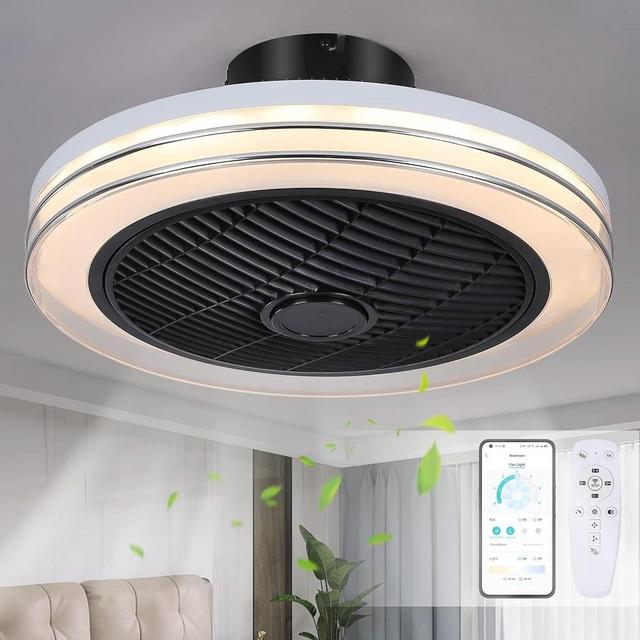 Kviflon Bladeless Ceiling Fans with Lights and Remote, 18" Low Profile Flush Mount Ceiling Fan 3 Colors Dimmable Lamp Enclosed Ceiling Fans Light with Air Guide for Bedroom Kitchen Dining Room Gym