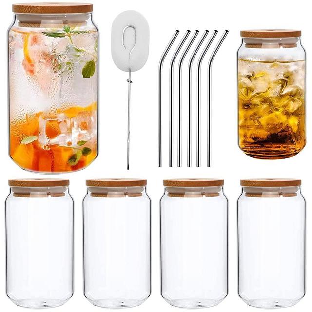 Drinking Can Shaped Glasses,Beer Glass cups with Silicone Sleeve Bamboo Lids and Straws,16 OZ Reusable Glass Water Tumbler Set for Whiskey,Iced Coffee,Cocktail,Tea,Juice,6 Pack.