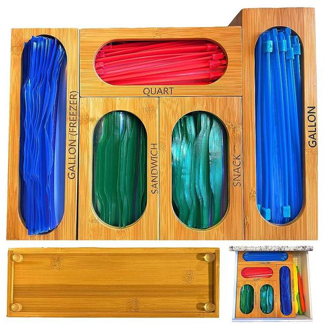 5 Piece Set -Bamboo Ziplock Bag Organizer for Drawer- Bamboo Ziplock Bag Storage Organizer for Kitchen Drawer, Bamboo Food Storage Bag organizer For Gallon, Snack, Quart, Sandwich, Gallon(Freezer)