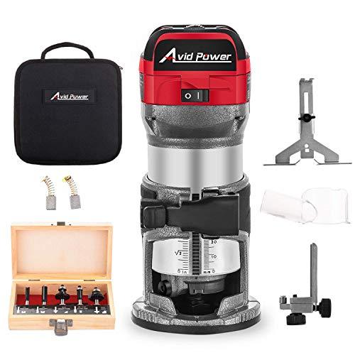 6.5-Amp 1.25 HP Compact Router with Fixed Base, 5 Trim Router Bits, Variable Speed, Edge Guide, Roller Guide and Dust Hood, Avid Power MW104