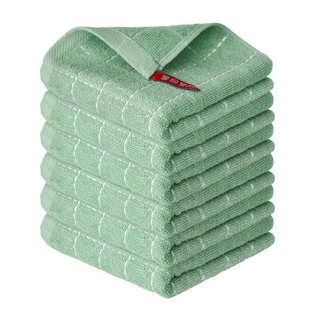 Artoid Mode Checkered Designed Cotton Light Green Terry Kitchen Dish Cloths, 12x12 Inch Soft Absorbent Quick Drying Cleaning Kitchen Rags Set of 6
