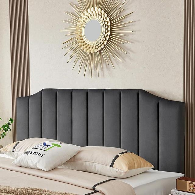 Befurtori Velvet Upholstered King/Cal King Headboard, Tufted Headboard for King/Cal King Bed, Modern Vertical Channel Design with Curved Tufted Solid Wood Head Board and Luxury Soft Padded, Dark Gray