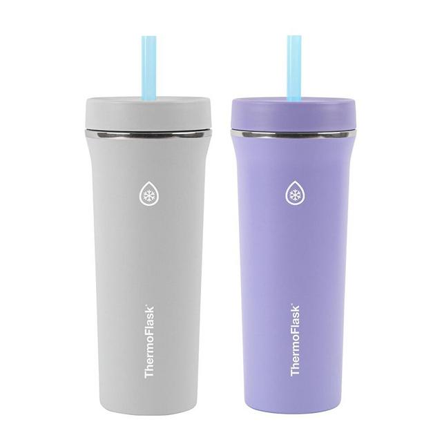 ThermoFlask Tumbler - BPA-Free Water Tumblers - Durable, Reusable Tumblers with Plastic Lids & Straws - Travel Water Container with Temp-Lock Technology - 32 oz, Purple/Grey (2 Pack)