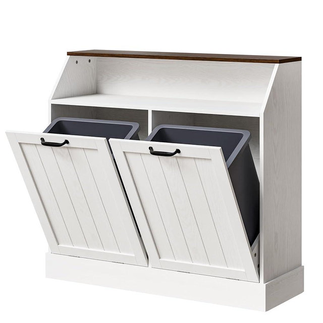 Zamildon's Tilt Out Trash Cabinet for 2x10 Gallon Garbage Can, 20 Gallon Kitchen Garbage Can Cabinet with Drawer-Free Top, Dual Hidden Storage, Laundry Hamper Basket (White)