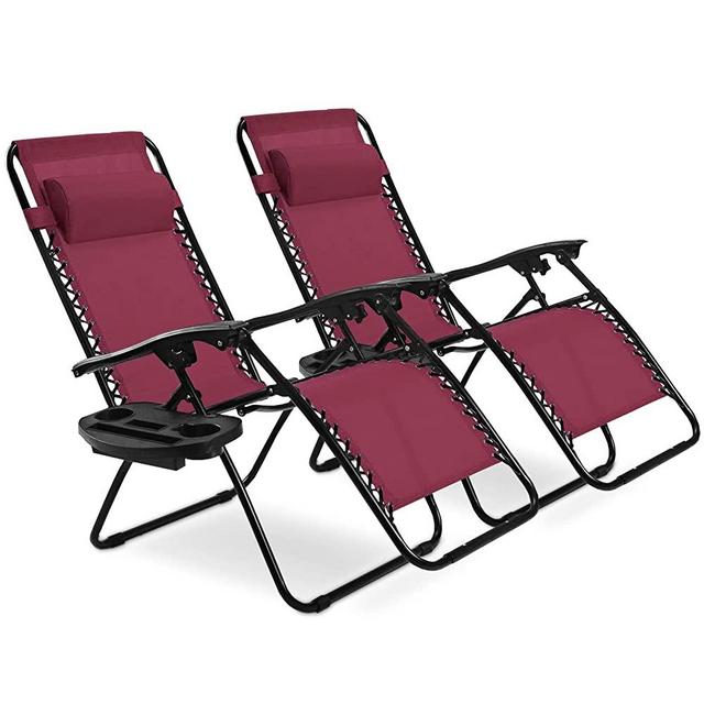 Goplus Zero Gravity Chair, Adjustable Folding Reclining Lounge Chair with Pillow and Cup Holder, Patio Lawn Recliner for Outdoor Pool Camp Yard (Set of 2, Wine)