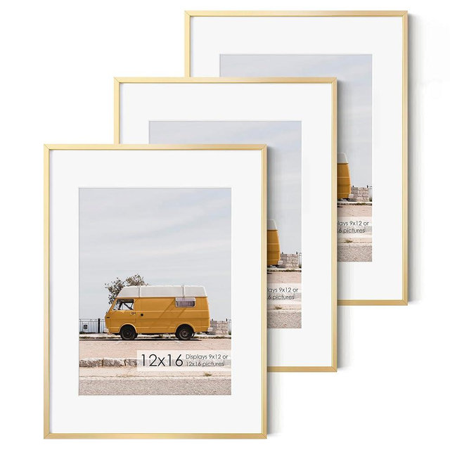 12x16 Metal Picture Frame -12x16 Aluminum Picture Frame with Shatter-Resistant Glass - Displays 9x12 Photos with Mat or 12x16 Images without Mat - Ideal for Home or Office Decor(Gold, Pack of 3)